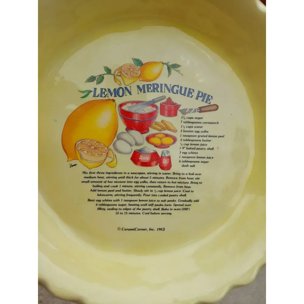 Rare 1980s Vintage Creamy Yellow Lemon Meringue Pie Recipe/Baking Dish Plate